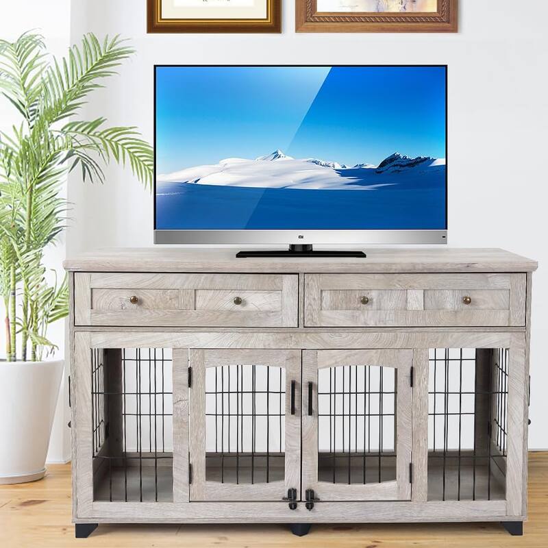 Double Dog Crate Furniture with Drawers, Removable Divider, and Storage Table
