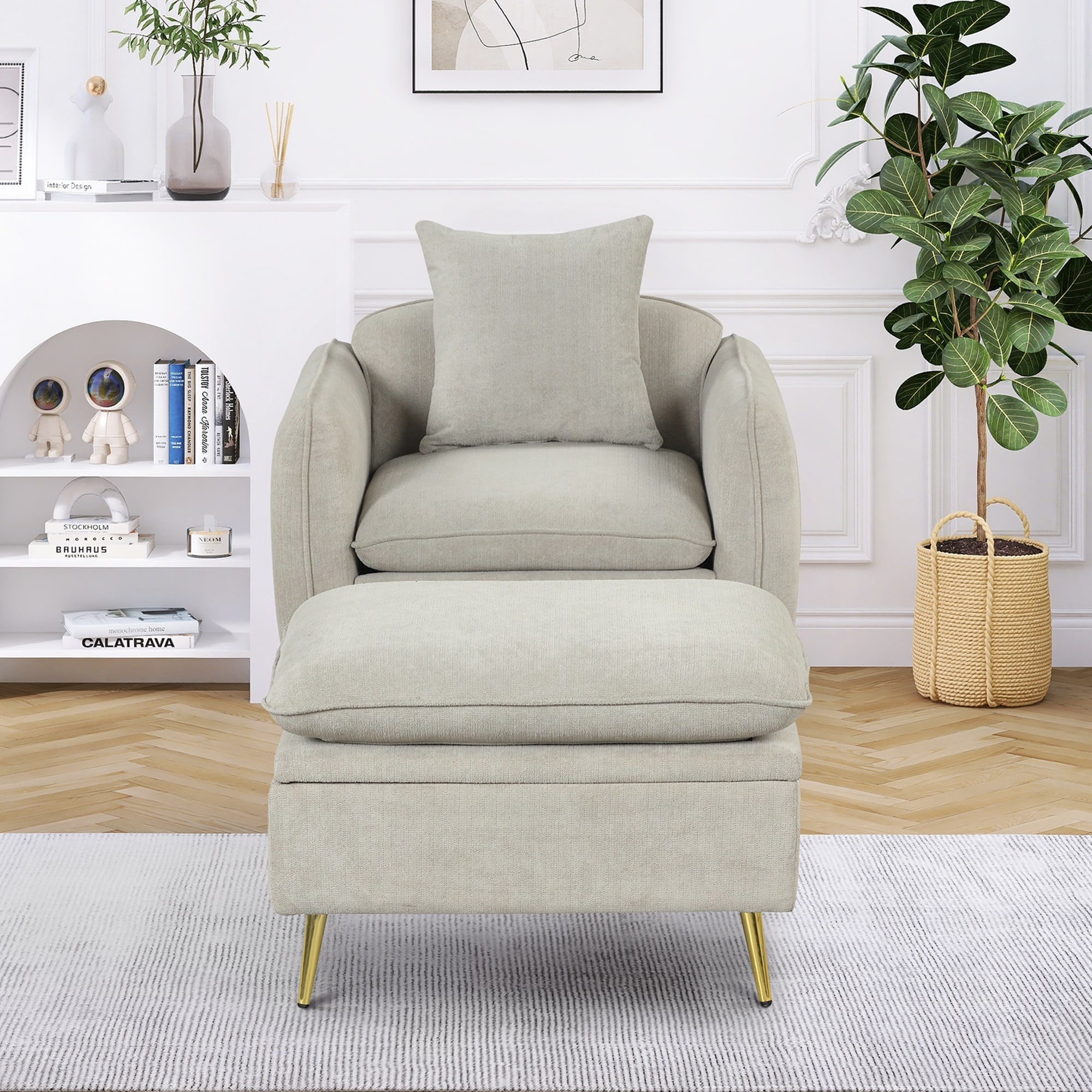 Deluxe Upholstered Accent Chair with Hidden Storage Ottoman for