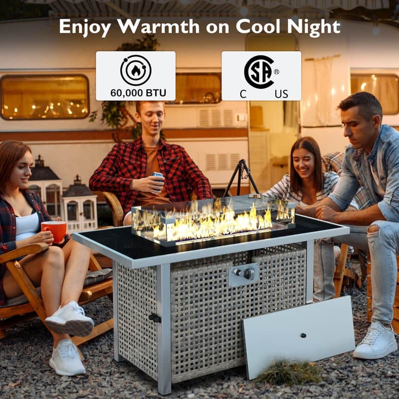 43" Propane Gas Fire Pit Table, 60000 BTU Rectangular Open Weave Wicker Fire Pit with Glass Wind Guard