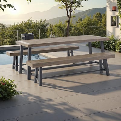 Rustic 3-Piece Outdoor Patio Picnic Dining Set with 2 Benches, Acacia Wood and Iron Frame