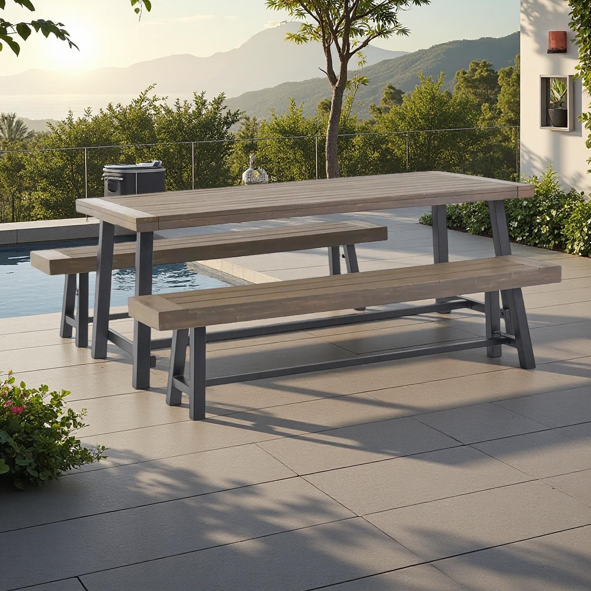 Rustic 3-Piece Outdoor Patio Picnic Dining Set with 2 Benches, Acacia Wood and Iron Frame