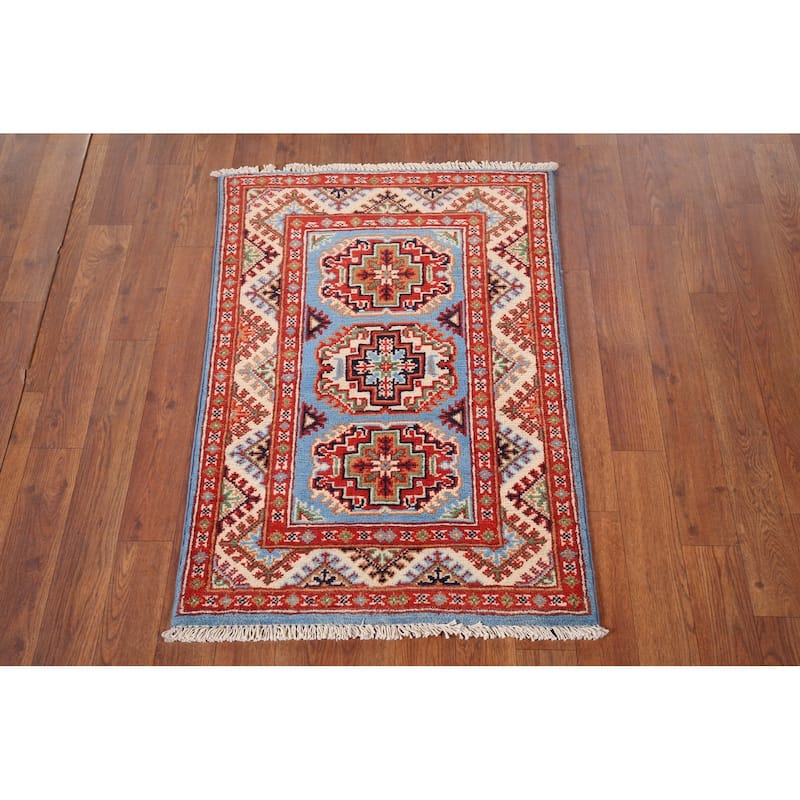 Traditional Kazak Foyer Rug Hand-Knotted Blue Wool Carpet - 2'0" x 2'9"