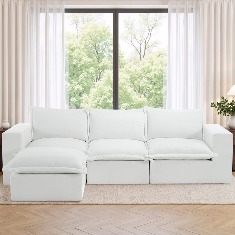 Chenille No Assembly Modular Sectional Sofa Cloud Couch with Ottoman - Beige-4Piece