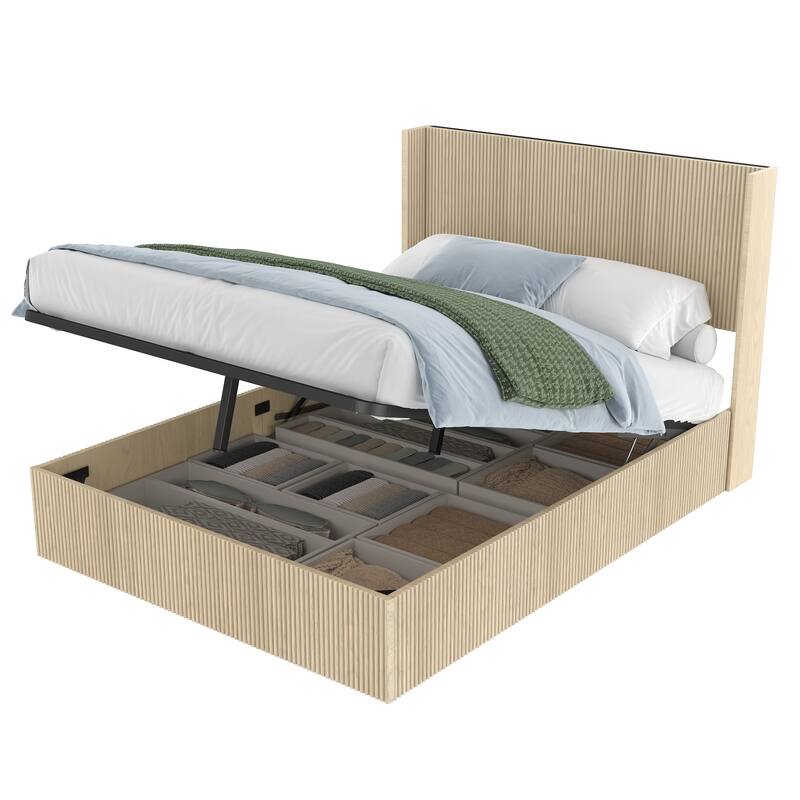 Large Grooved Undulating Lift Storage Bed Frame, Platform Bed Frame with Lift Storage Storage Bed