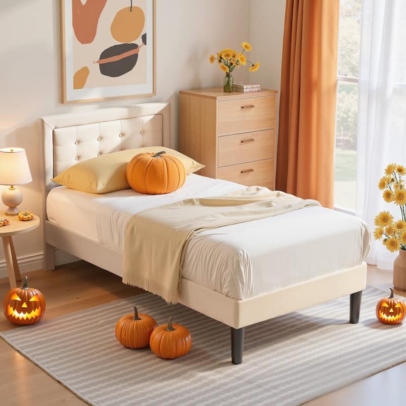 VECELO Bed Frame with Adjustable Headboard Upholstered Button Tufted Platform Bedframe with Wood Slats Support