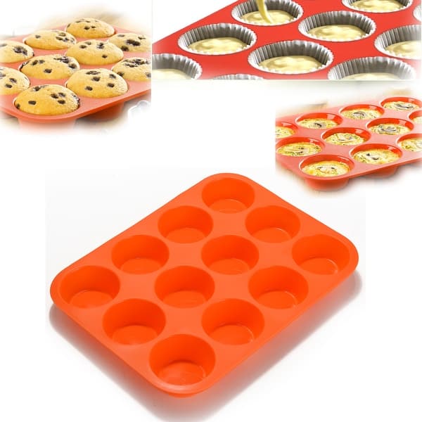 slide 2 of 4, Non-Stick 12 Cup Premium Cupcakes Baking Pan Silicone Muffin Pan BPA Free Dishwasher Microwave Safe Red