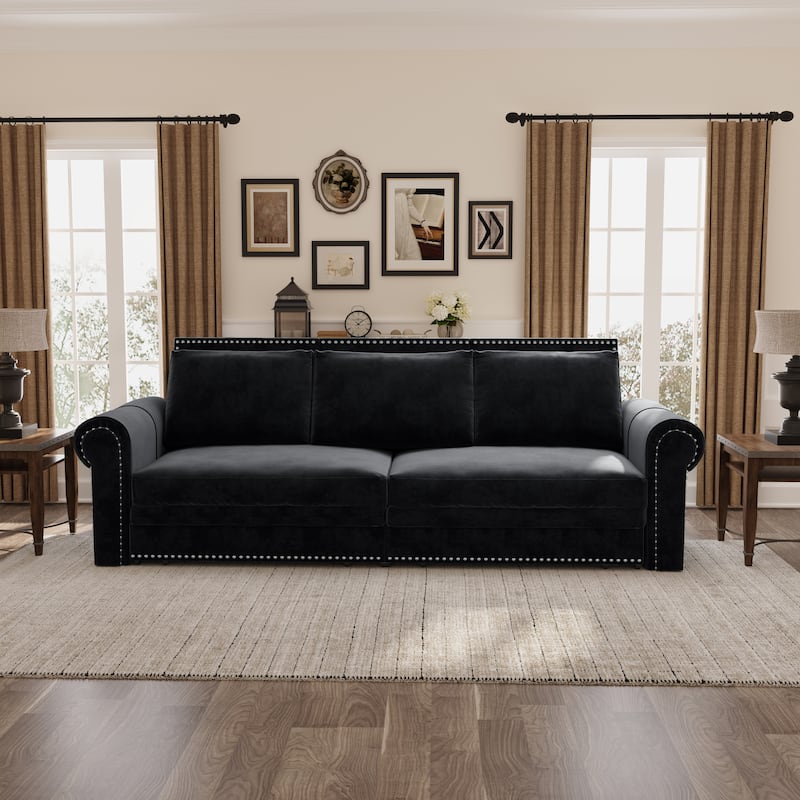 93.7" King Pull Out Sofa Bed w/ Nailhead Trim & Rolled Arm for Living Room Bedroom - Black