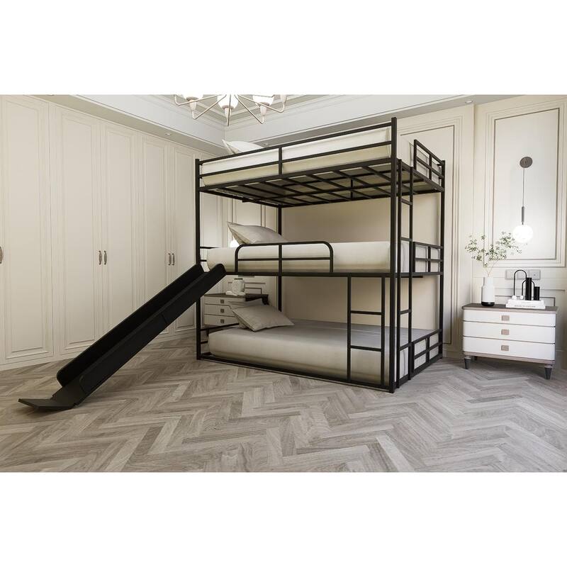 Full Size Metal Loft Bed with Slide, Ladder, and Side Shelf