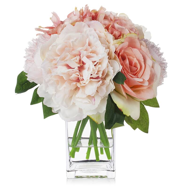 Enova Home Mixed Artificial Peony Roses and Hydrangea Silk Flowers in Clear Glass Vase with Faux Water - 12"H x 10"W