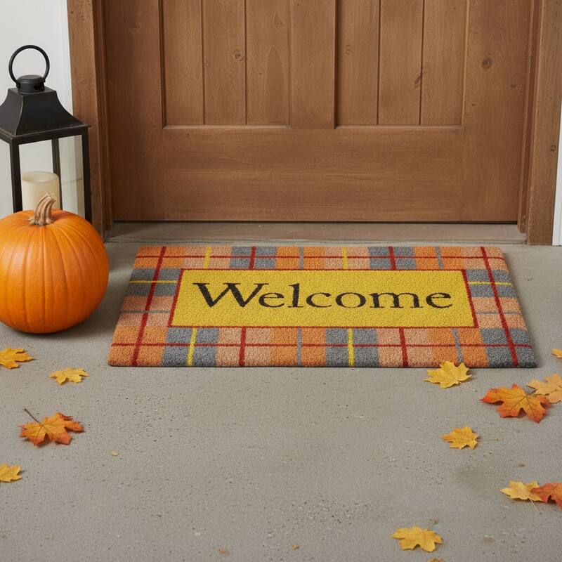 HomeRoots 24" X 36" Gray Orange And Yellow Fall Plaid Welcome Outdoor Coir Door Mat - 24.00' X '36.00 - 24.00' X '36.00