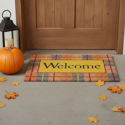 HomeRoots 24" X 36" Gray Orange And Yellow Fall Plaid Welcome Outdoor Coir Door Mat - 24.00' X '36.00