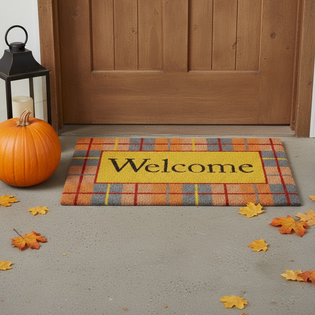 HomeRoots 24" X 36" Gray Orange And Yellow Fall Plaid Welcome Outdoor Coir Door Mat - 24.00' X '36.00