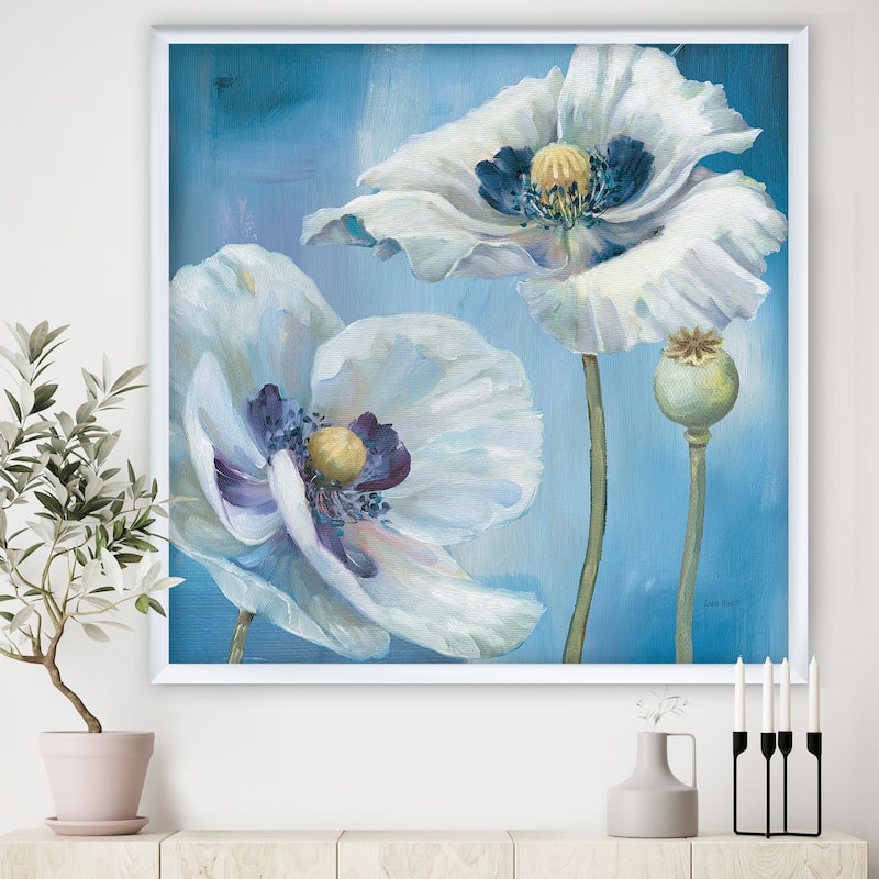 Designart "White Flower on Blue I" Farmhouse Framed Art Print - 30 in. wide x 30 in. high - White