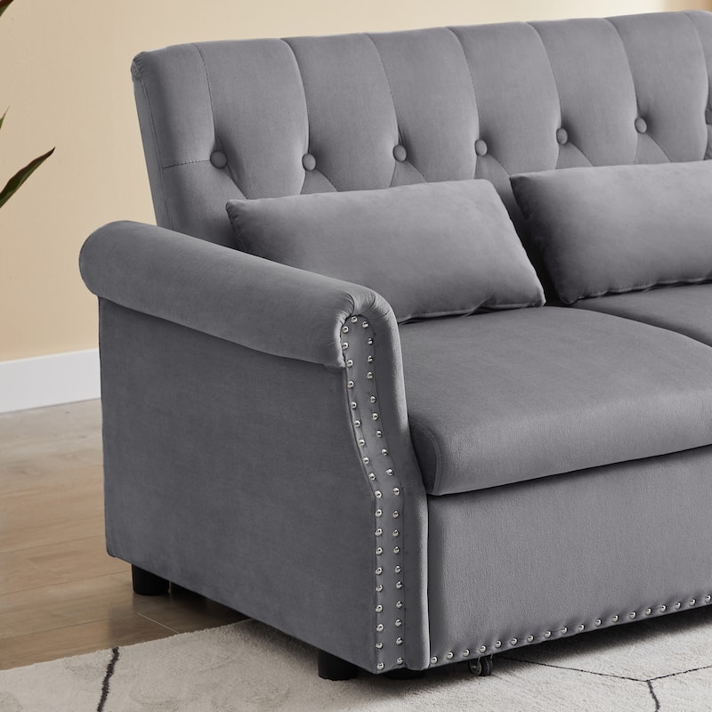 Velvet Pull Out Loveseat Sofa Convertible Sleeper Loveseat Bed with 2 Pillows Rivet Arm Lounge Couch Tufted Sofa