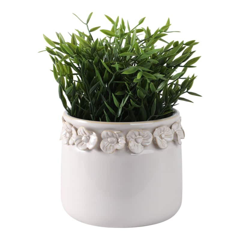 Ceramic Round Planter Sculpted Floral Rim Detail and Drainage Hole