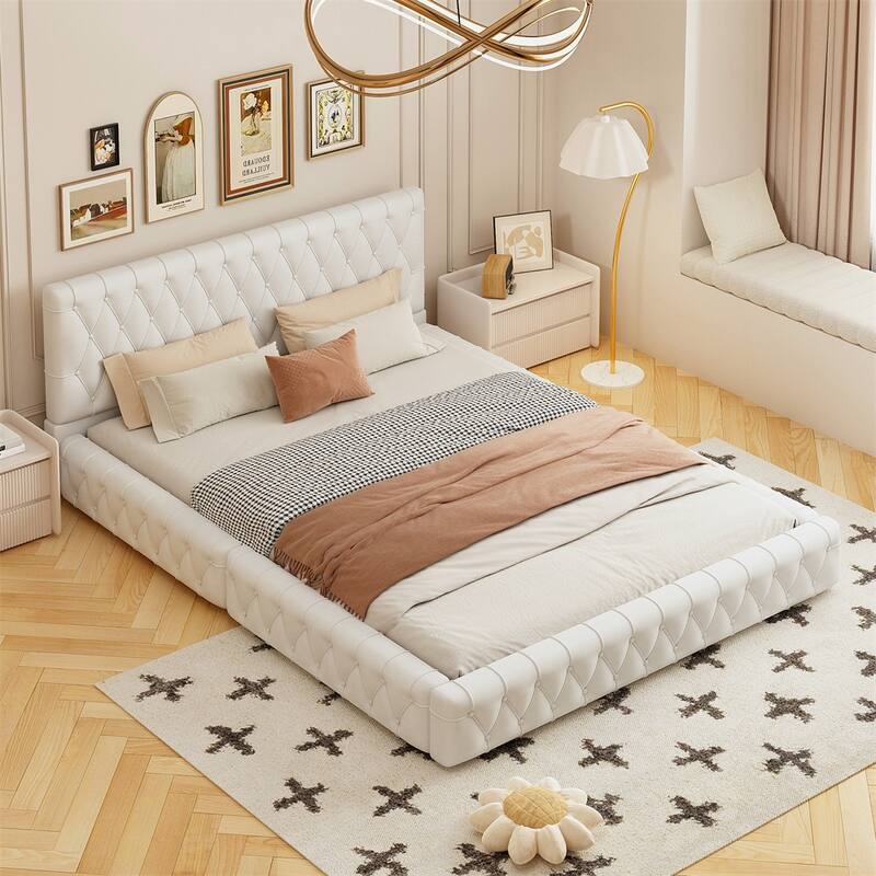 Modern Velvet Queen Size Platform Bed with Tufted Headboard - White