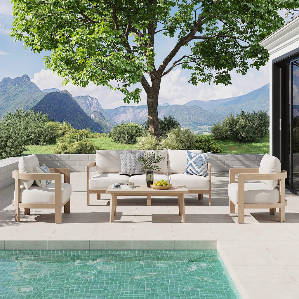 4-Piece Outdoor Conversation Set Acacia Wood 3-Seater Sofa and Arm Chair with Coffee Table
