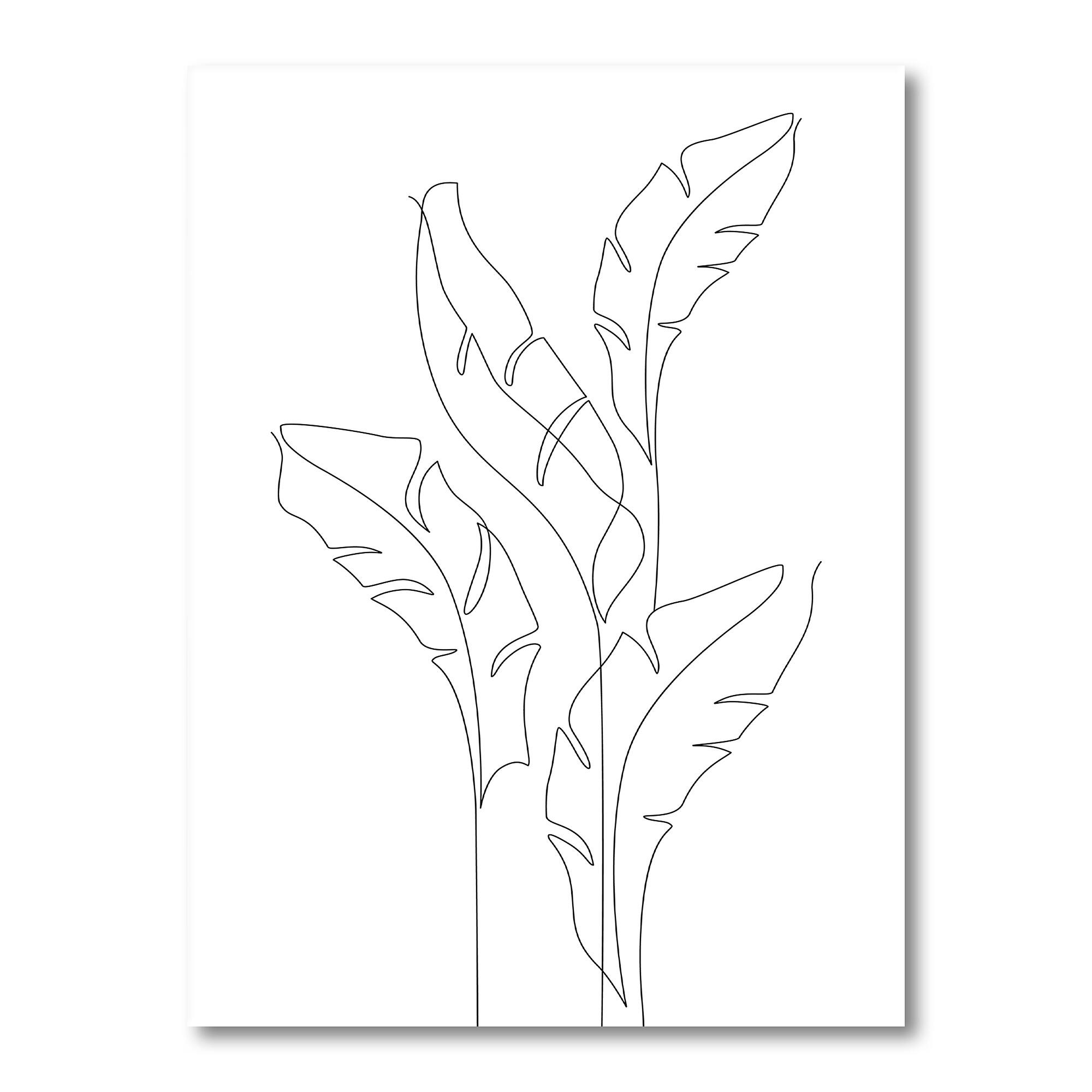 Designart "Abstract One Line Art Of Banana Leaves On White" Modern