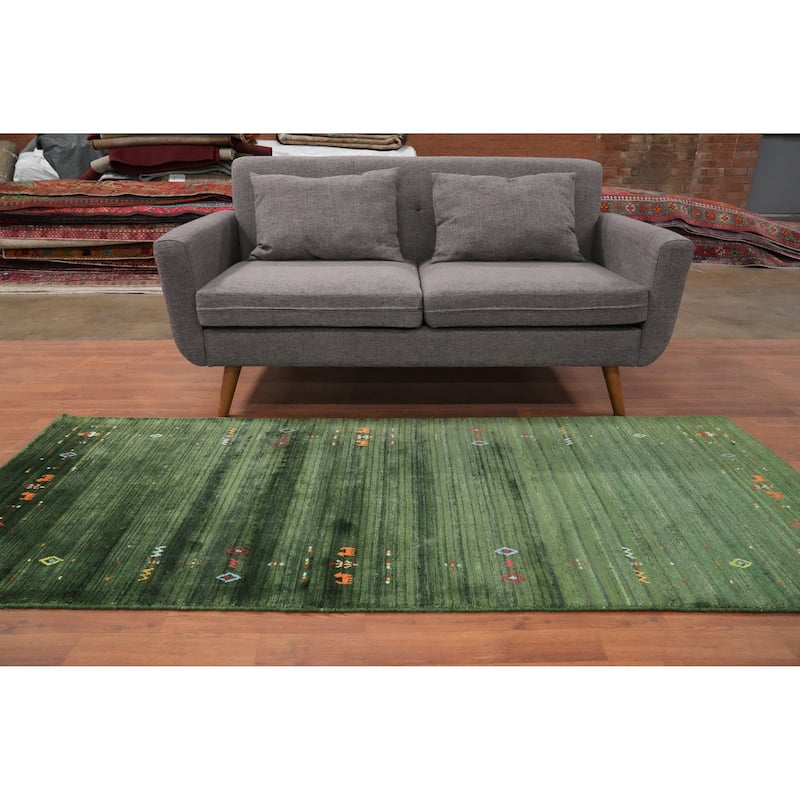Hand Knotted Oriental Viscose Silk Carpet Tribal Animal Pictorial Green Gabbeh Runner Rug - 7' 6'' X 3' 0''