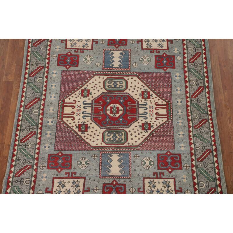 Geometric Kazak Oriental Rug Hand-Knotted Wool Carpet - 5'0" x 6'9"