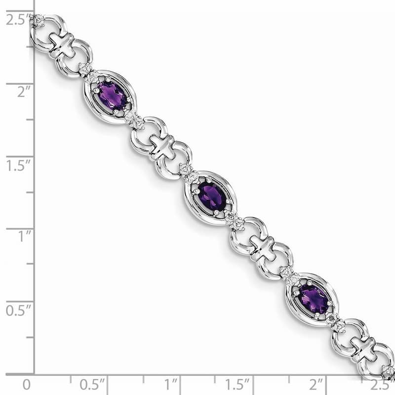Curata 925 Sterling Silver Polished Box Catch Closure Diamond and Amethyst Bracelet