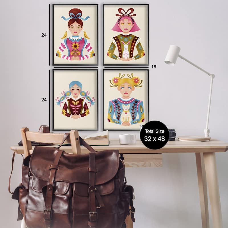 Stupell Floral Folk Women Portraits Framed Giclee Art Design By Hannah Moren (Set of 4)