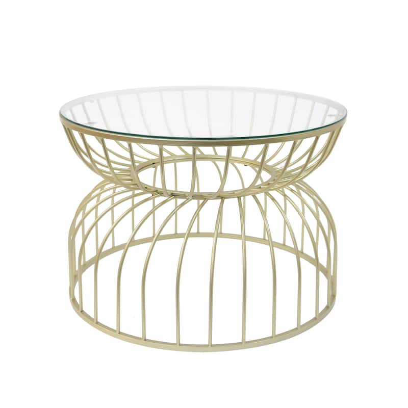 27.5" Modern Round Coffee Table with Clear Tempered Glass Top and Gold Metal Bases