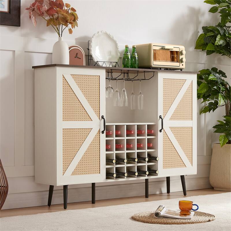 Faux Rattan Barn Door Wine Cabinet with Wine Rack and Wine Glass Rack