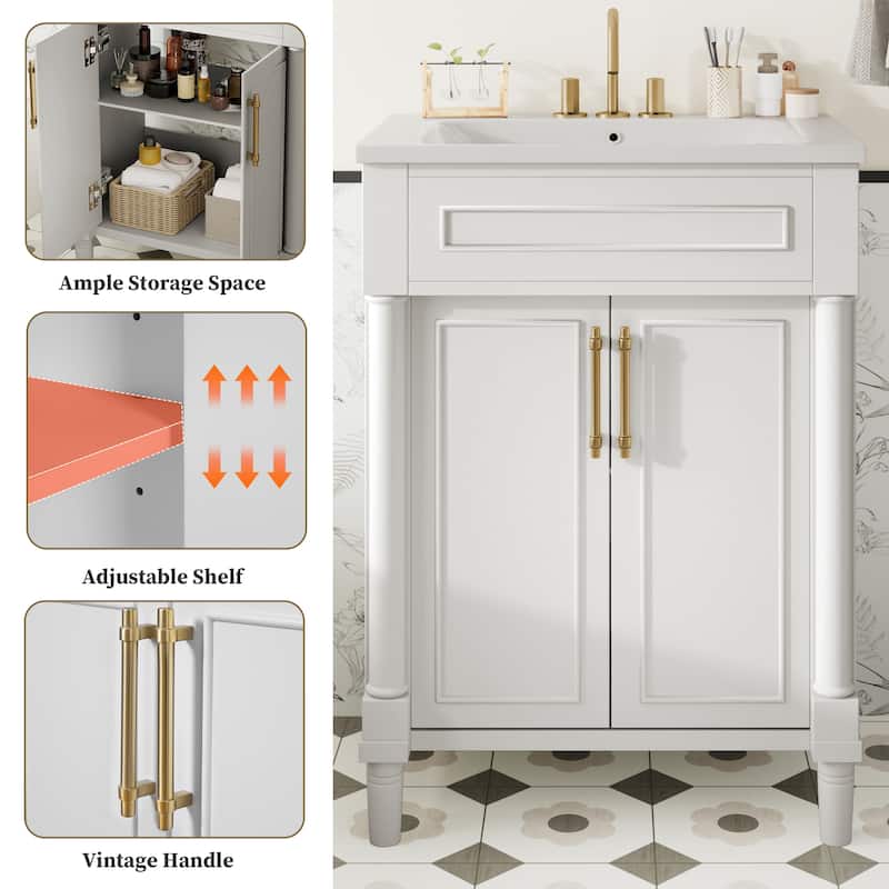 24" Bathroom Vanity with Integrated Ceramic Sink, Bathroom Cabinet with 2 Doors, Single Sink Bathroom Vanity