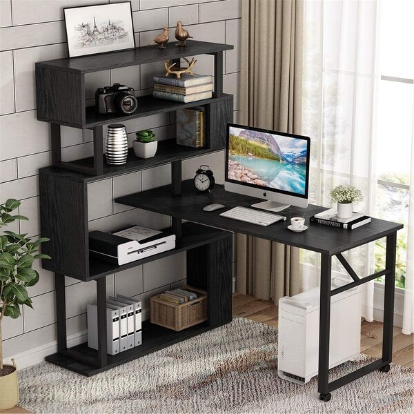 Rotating Computer Desk With 5 Shelves Bookshelf L Shape Desk Overstock 31456371