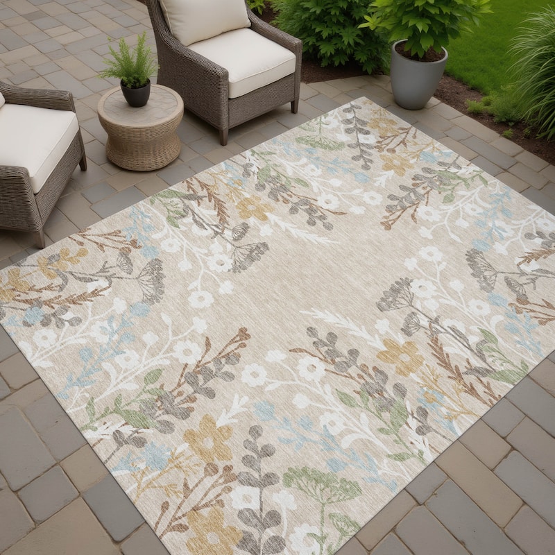 Machine Washable Indoor/ Outdoor Floral Border Chantille Rug - Beige - 10' x 14'