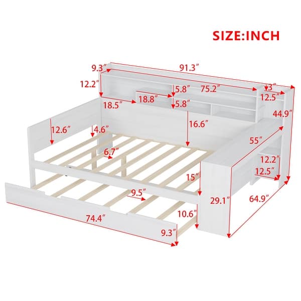 dimension image slide 2 of 4, Roomfitters Wooden Twin/Full Size Daybed with Storage Shelves, Multi-functional Bed with Twin Size Trundle Bed and Study Desk