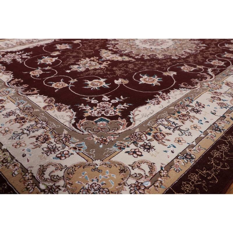 Burgundy Red Floral Kashan Turkish Rug Machine-Made Carpet - 6'7" x 9'10"