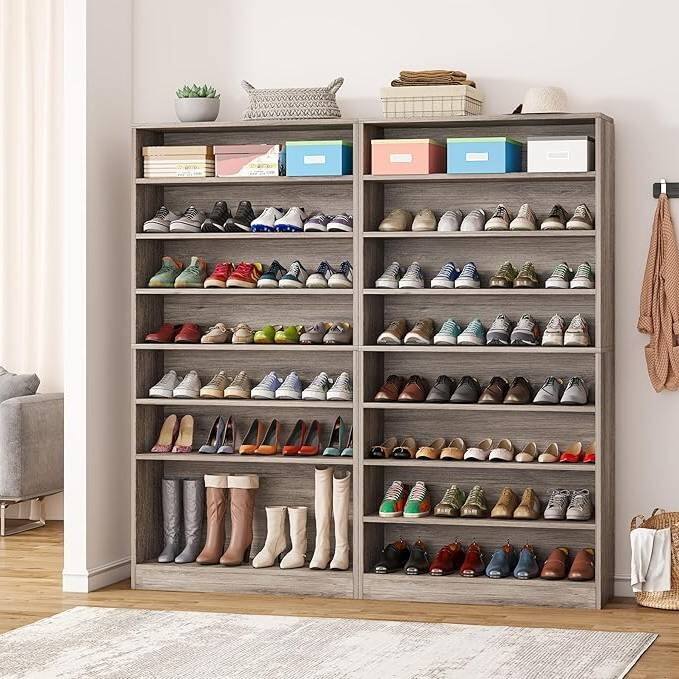 Grey Wood 9-Tier Shoe Cabinet with Adjustable Shelves for Storage - 11.81"D x 31.50"W x 70.86"H