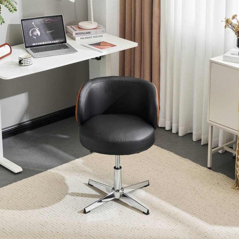 Modern PU Swivel Chair Armless No Wheel Adjustable Height Office Desk Chair With Baskest Support - N/A