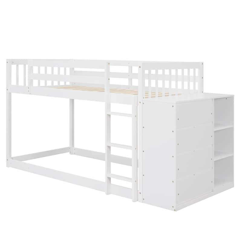 Twin over Twin Bunk Bed Wood Frame Bed with 4 Storage Drawers and 3 Shelves, Full-Length Guardrail Top Bunk for Kids Teens