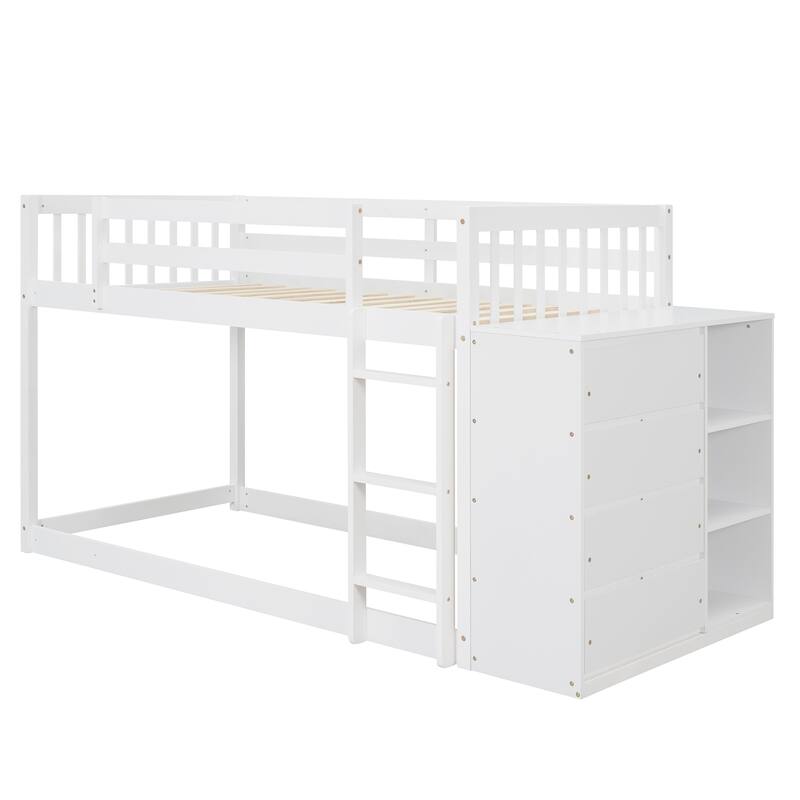 White Pine Wood Bunk Bed with 4 Drawers, 3 Shelves, and Built-in Ladder