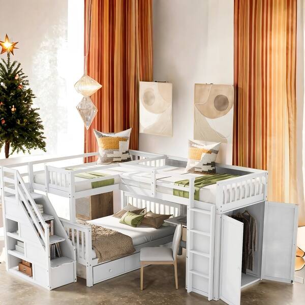 slide 2 of 12, Twin-Twin Over Full L-Shaped Bunk Bed White