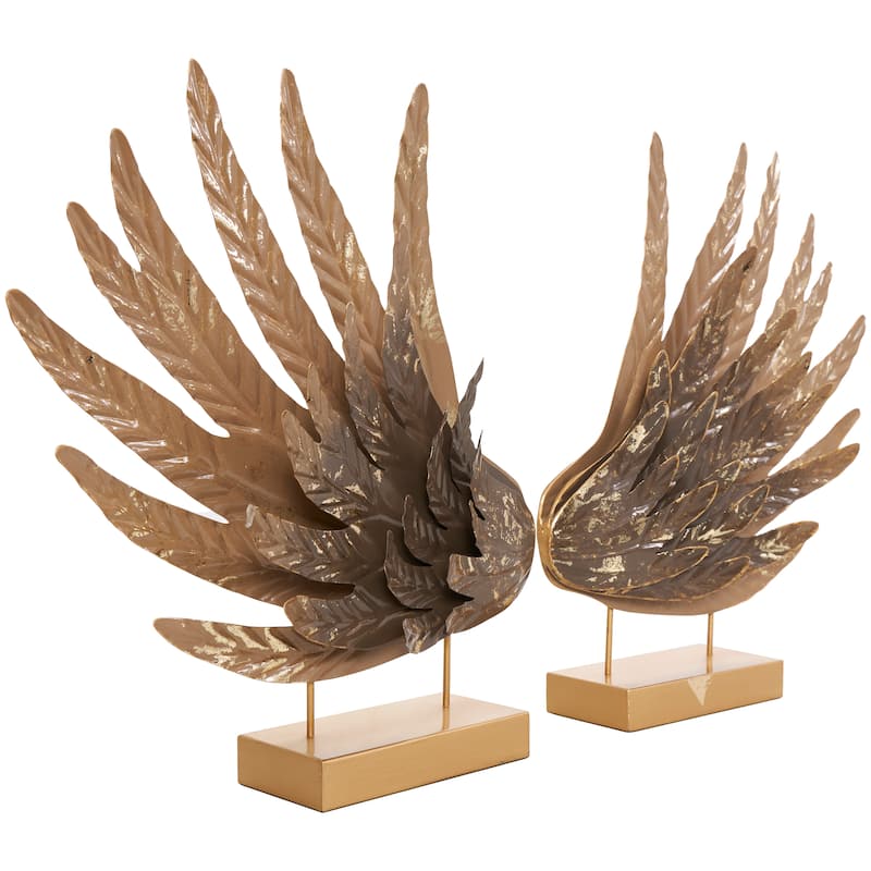 Gold Metal Wing Bird Decorative Sculpture with Gold Foil Accents and Stands (Set of 2)