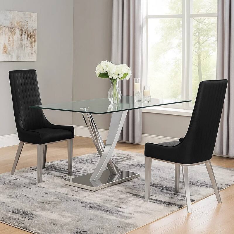 Leatherette Dining Chair with Vertically Stitched Backrest, Set of 2, Black