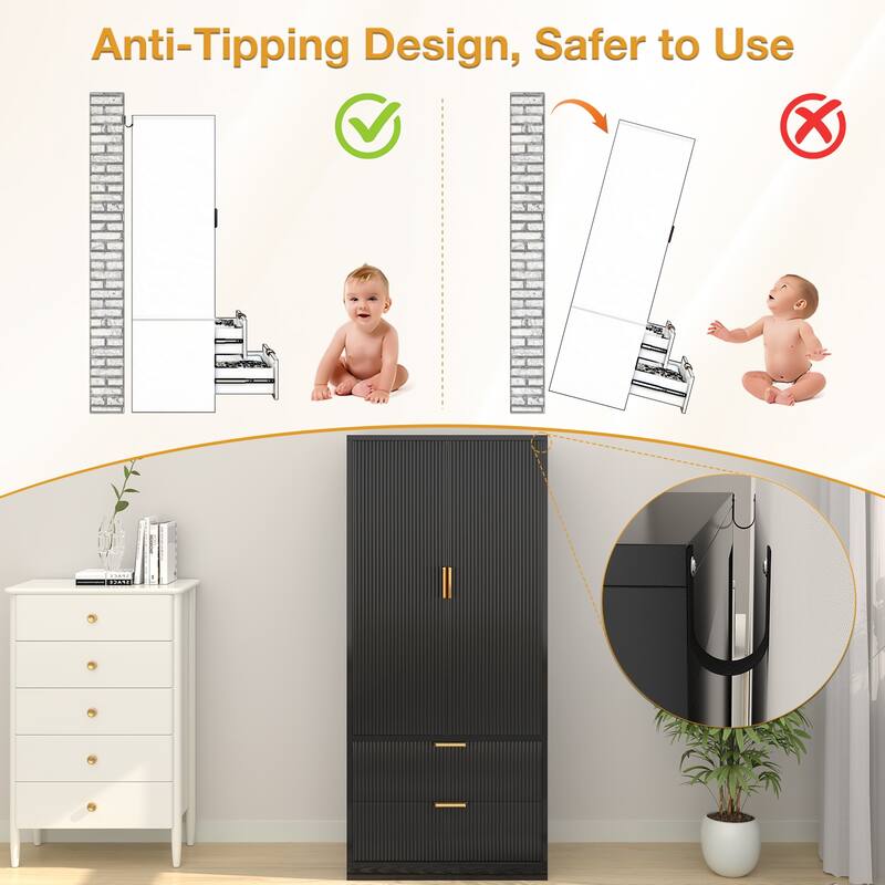 Gymojoy 2 Door Armoire Wardrobe Closet with Drawers, Modern Fluted Bedroom Storage Cabinet