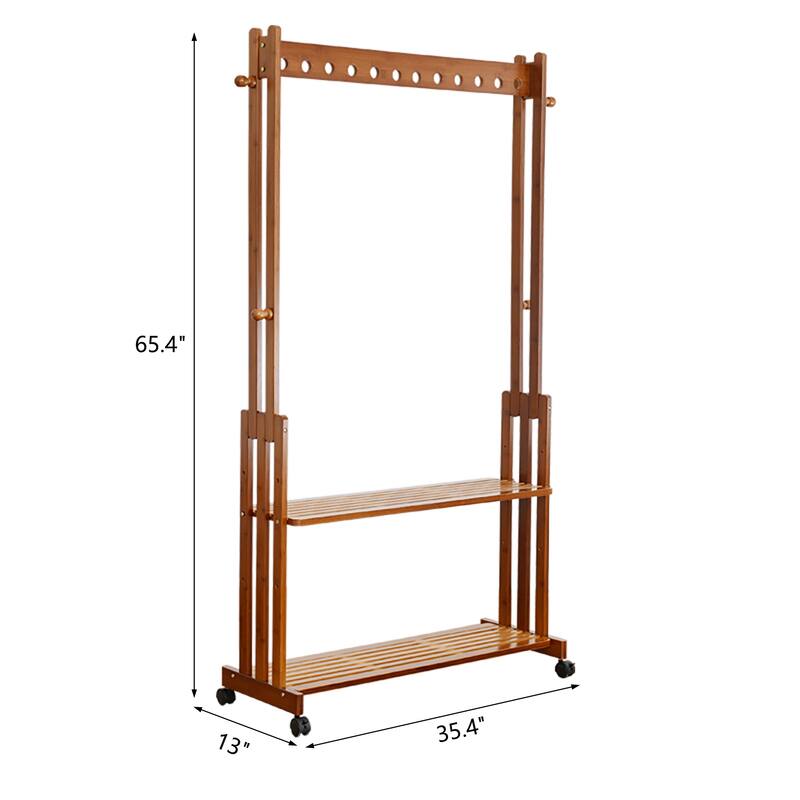 Solid Wood Clothes Rack with Storage Mesh Shelf & Casters