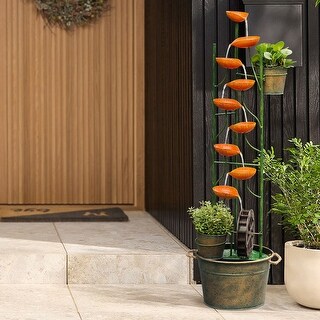 Orange Metal Tulip Cascade Outdoor Fountain with Planter