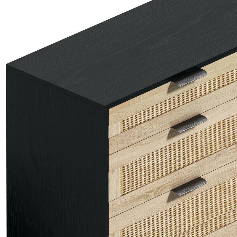 Mid-Century Modern Rattan Dresser, 6-Drawer Wicker Bedroom Dresser, Storage Cabinet with Metal Handles & Wood Legs