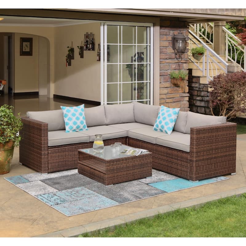 COSIEST Wicker Outdoor Patio Sectional Set with Coffee Table - Warm Grey