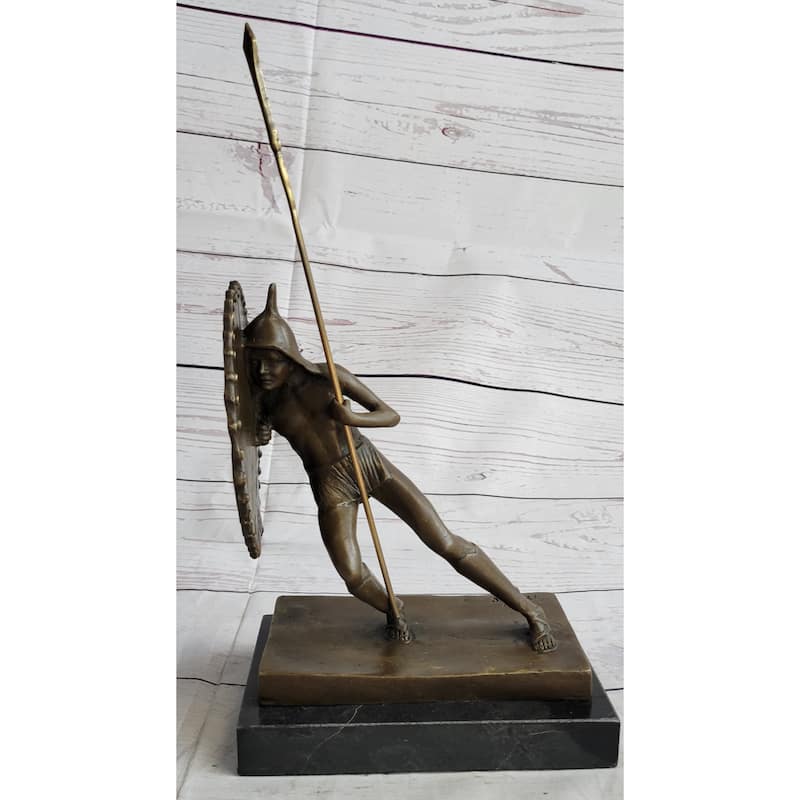 Gladiator With Shield Spear Bronze Metal Pair Of Opposing Bookend Sculptures 11 Inches X 9 Inches