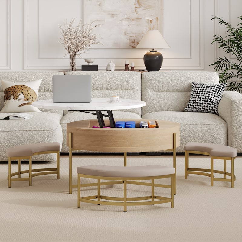 Modern Round Lift-Top Coffee Table with Storage & 3 Ottoman
