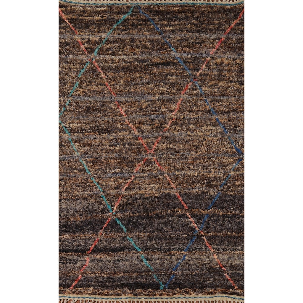 Brown Plush Moroccan Oriental Area Rug Hand-Knotted Wool Carpet - 6'1" x 10'0"