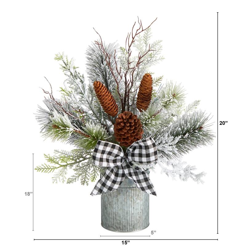 20" Holiday Winter Greenery with Pinecones and Gingham Plaid Bow Table Artificial Christmas Arrangement - 20