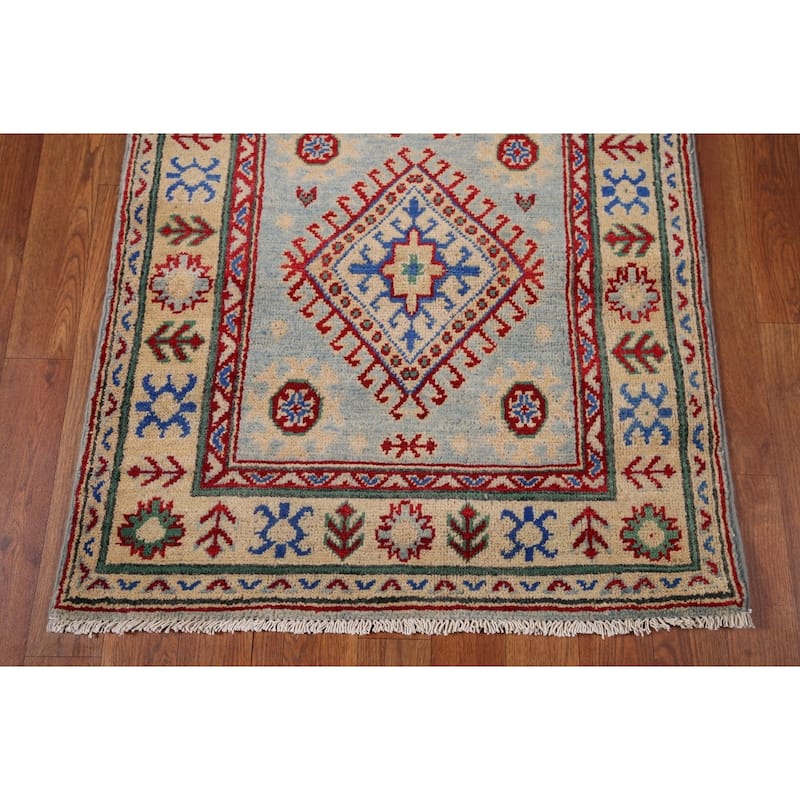 Geometric Kazak Oriental Runner Rug Hand-Knotted Grey Wool Carpet - 2'7" x 16'0"